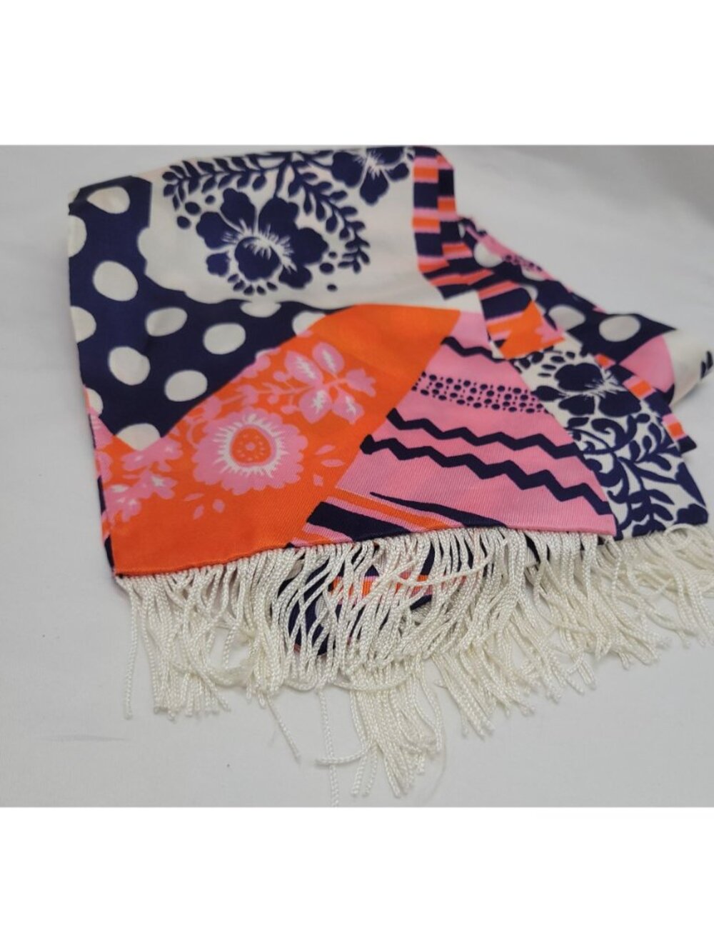 Vtg 60s Orange Purple Pink Patchwork Scarf Fringe Trim 64"x6" Groovy Retro Style - Picture 2 of 15